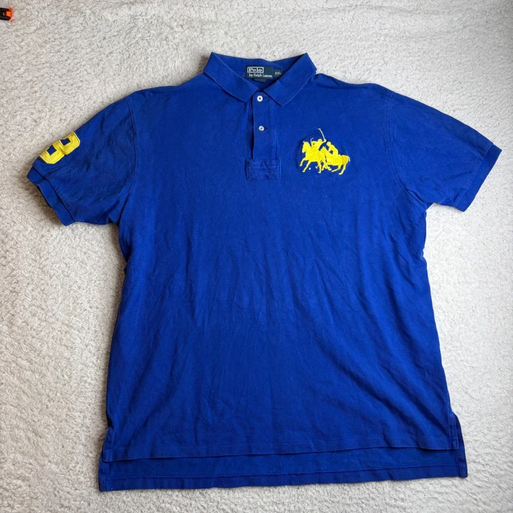 Polo Ralph Lauren Big Pony Polo Shirt Mens XXL Blue Yellow Number 3 Patch Cotton